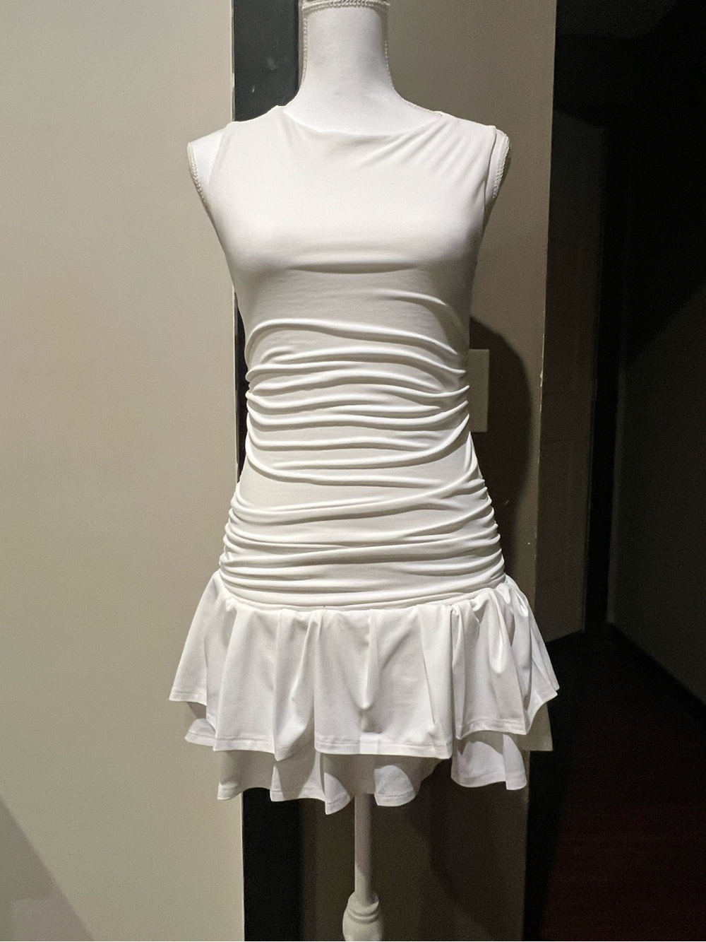 Sleeveless White Ruched Ruffle High Low Hem Dress - Picture 1 of 6